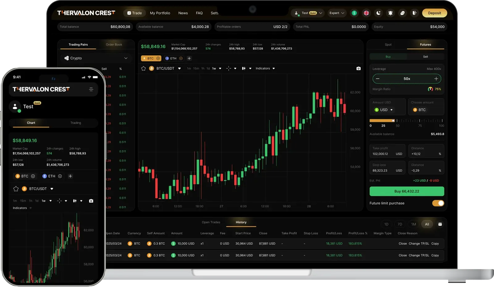 The Thervalon Crest platform on a laptop and a phone, showing the BTC/USDT chart, the trading pairs and an order ticket