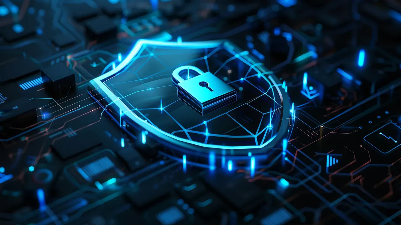 A glowing blue shield with a padlock at its centre, set on a circuit board