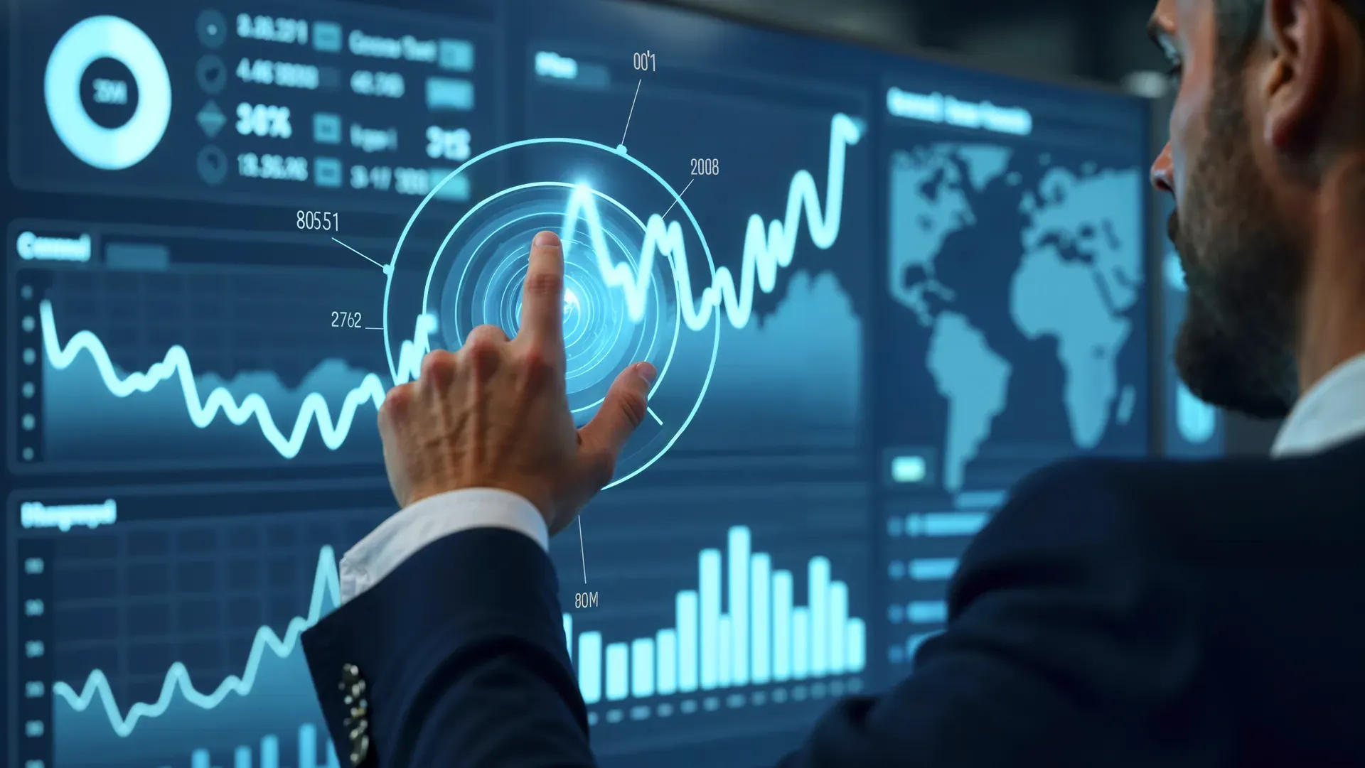 A trader in a dark suit touching a large screen of glowing charts, a world map and figures
